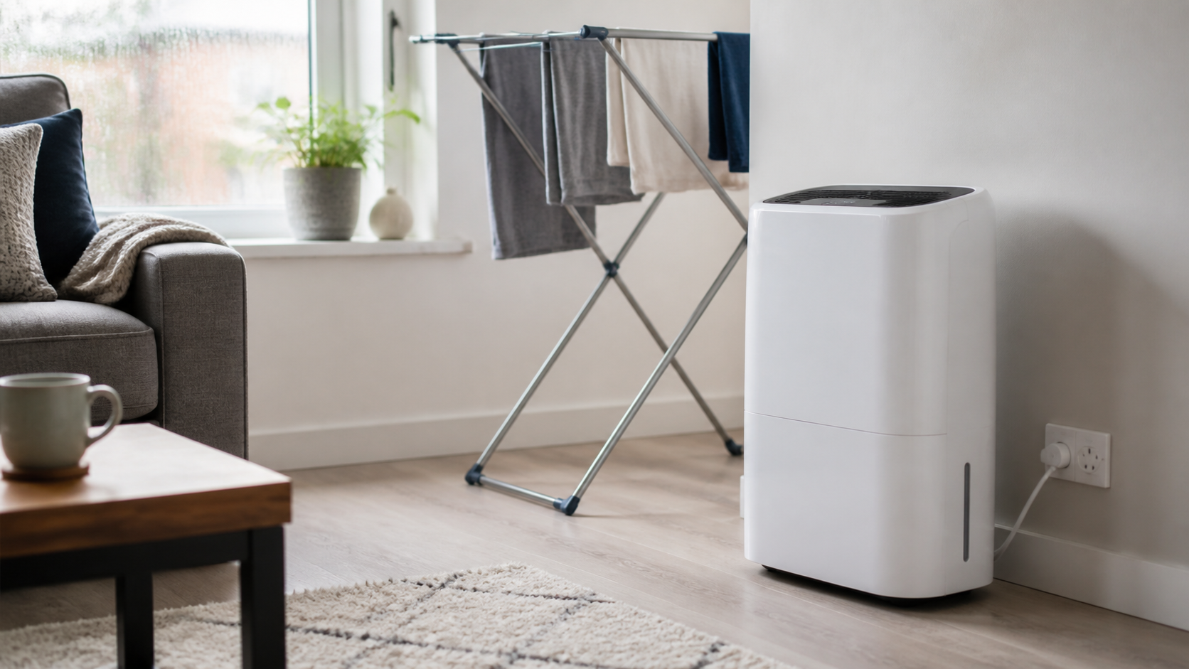 Compact white dehumidifier and air purifier in a small UK flat beside indoor laundry